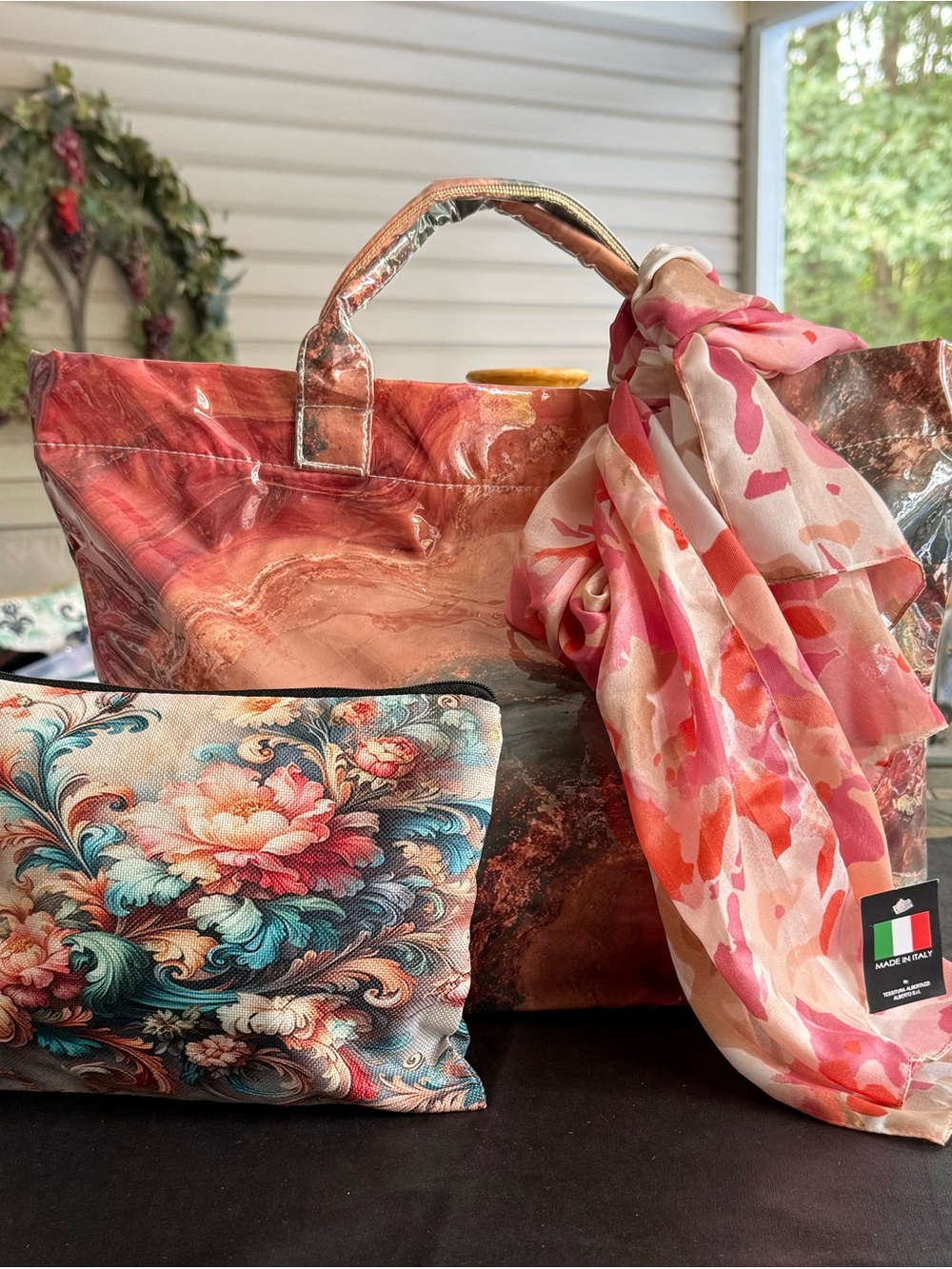 Fall Abstract Marbelized Handbag Set w/Cosmetic Case & Italian Silky Feel Scarf
